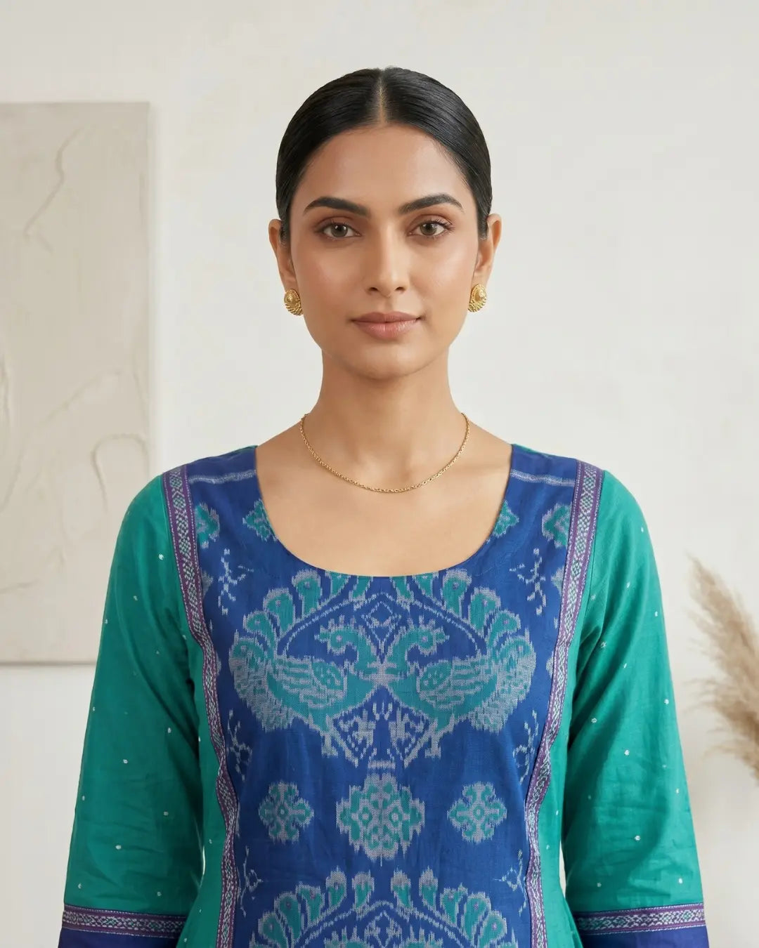 Nilatarangini Blue-Green Sambalpuri Handloom Anarkali Set