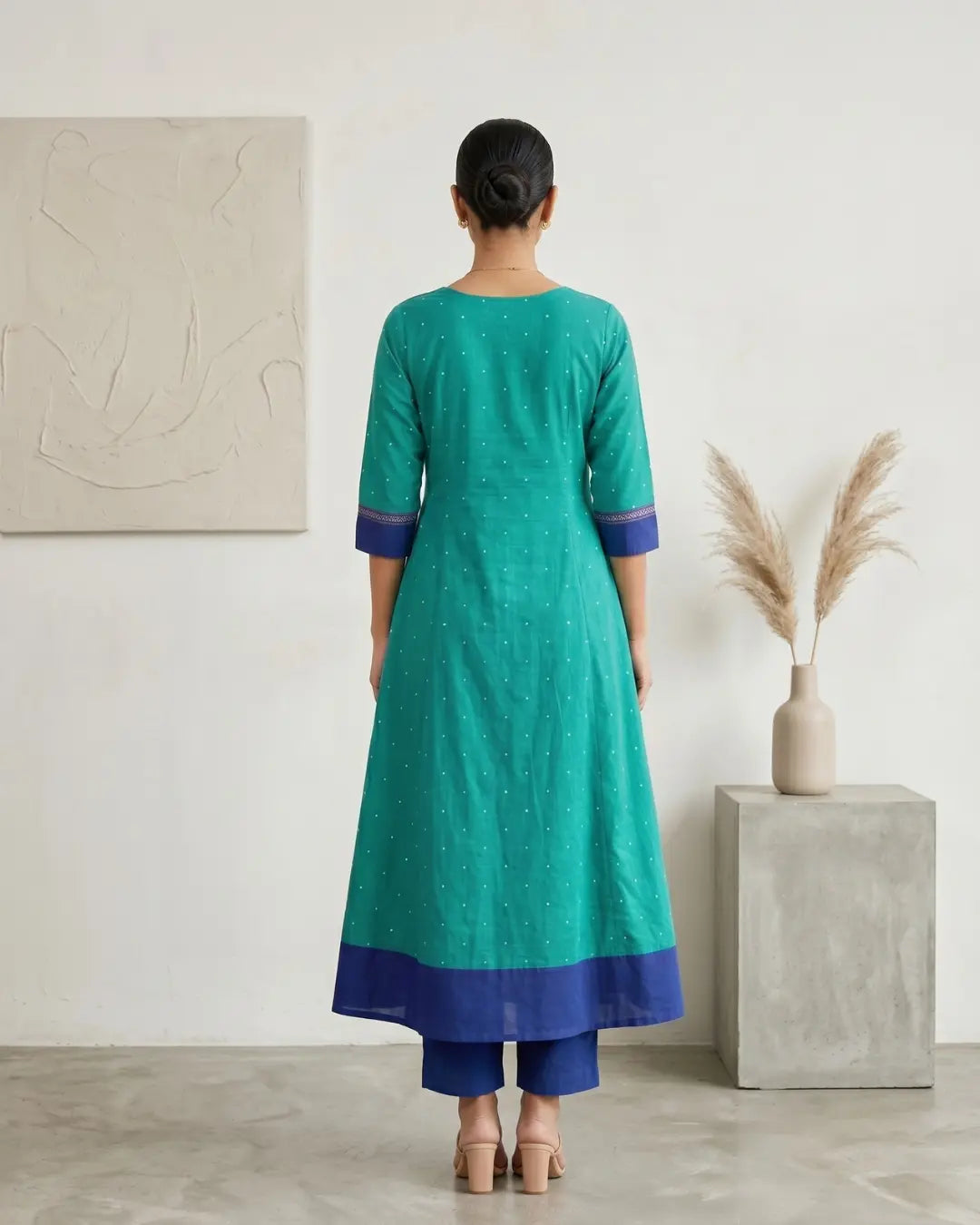 Nilatarangini Blue-Green Sambalpuri Handloom Anarkali Set