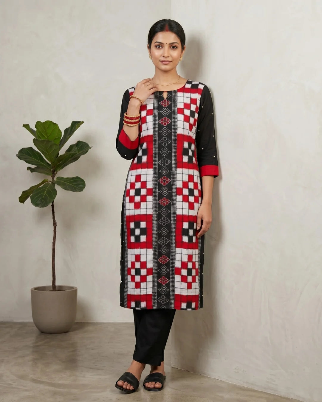 Chitralekha Black & Red Sambalpuri Handloom Kurti