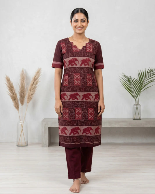 Gajamanjari Maroon Sambalpuri Handloom Kurti Set