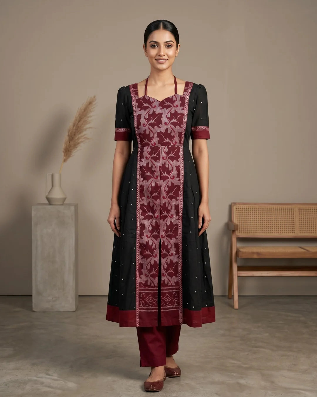 Mrgaksi Black & Maroon Sambalpuri Handloom Anarkali Set