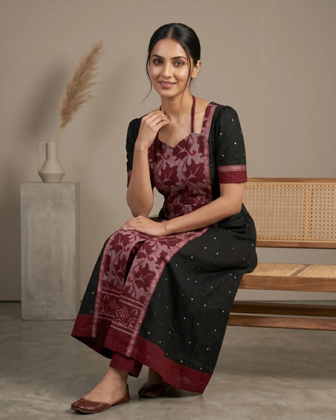 Mrgaksi Black & Maroon Sambalpuri Handloom Anarkali Set