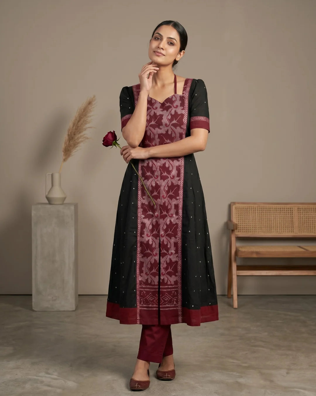 Mrgaksi Black & Maroon Sambalpuri Handloom Anarkali Set