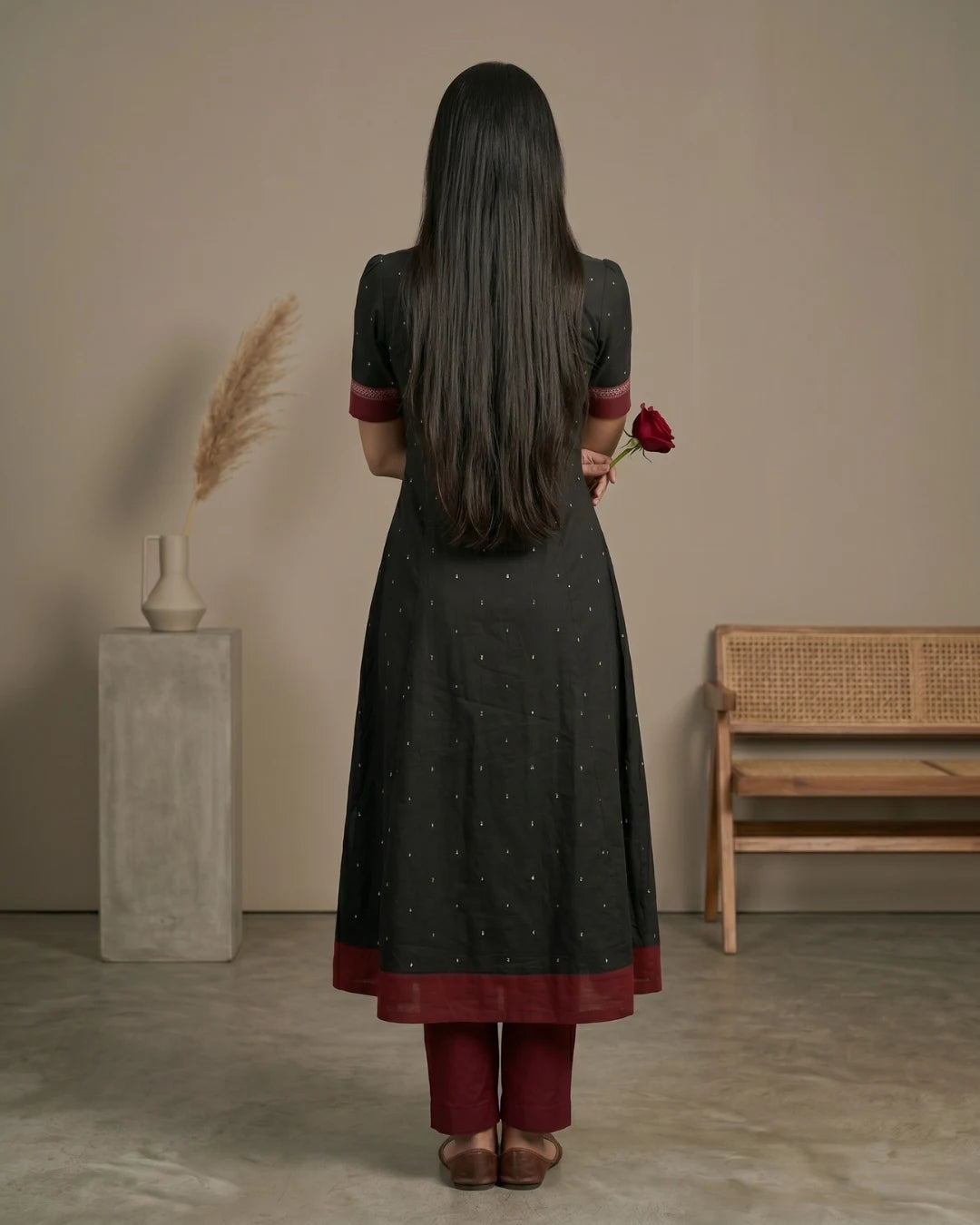 Mrgaksi Black & Maroon Sambalpuri Handloom Anarkali Set