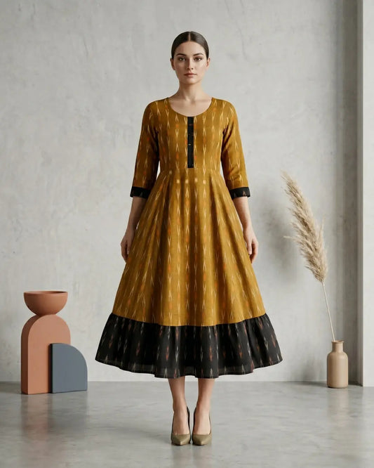 Kanchani Mustard Gold Sambalpuri Handloom Anarkali Dress