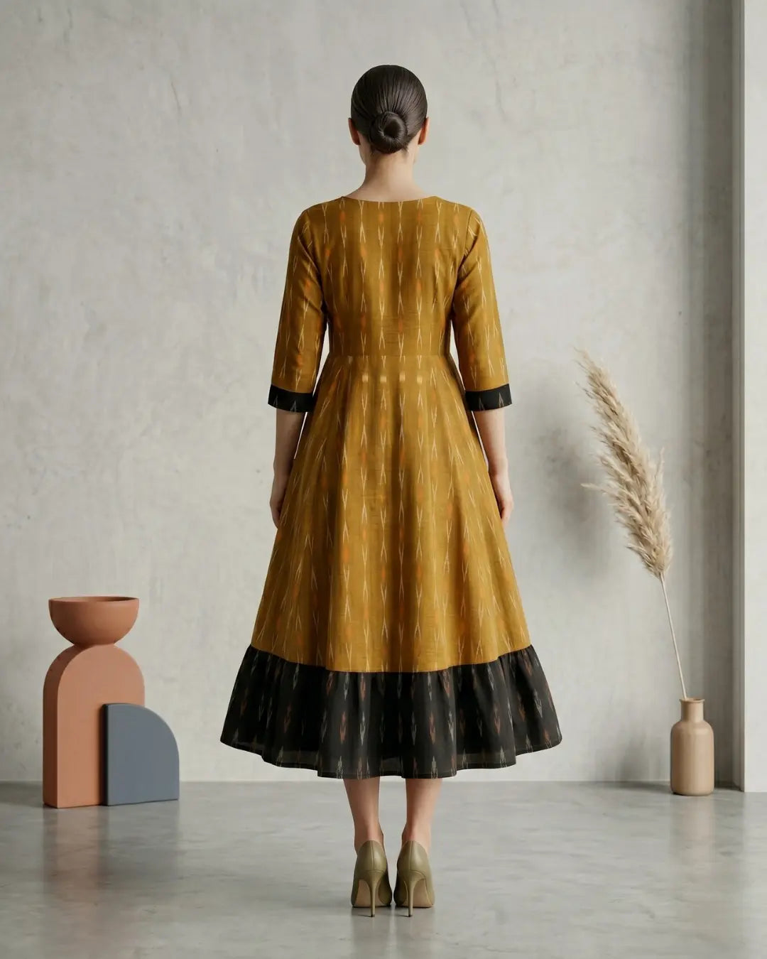 Kanchani Mustard Gold Sambalpuri Handloom Anarkali Dress