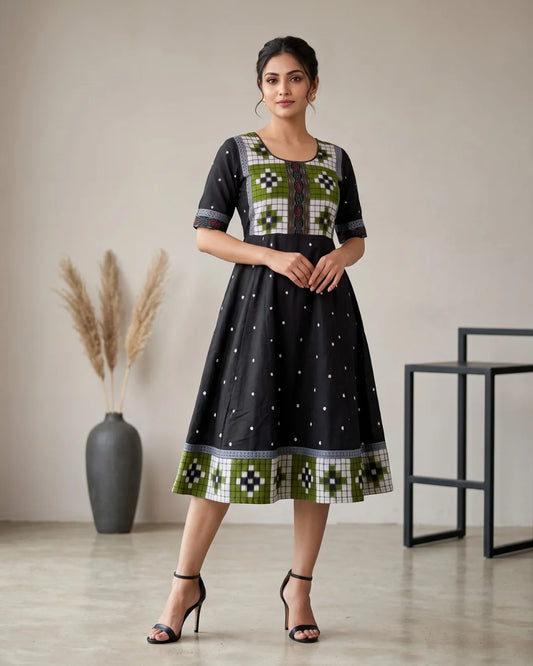 Harita Black & Olive Green Sambalpuri Handloom Dress