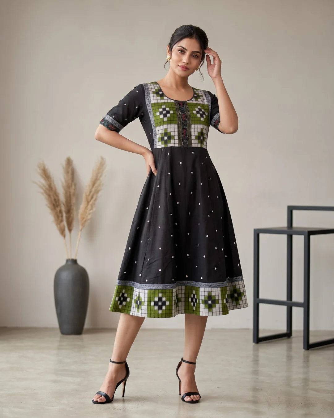 Harita Black & Olive Green Sambalpuri Handloom Dress
