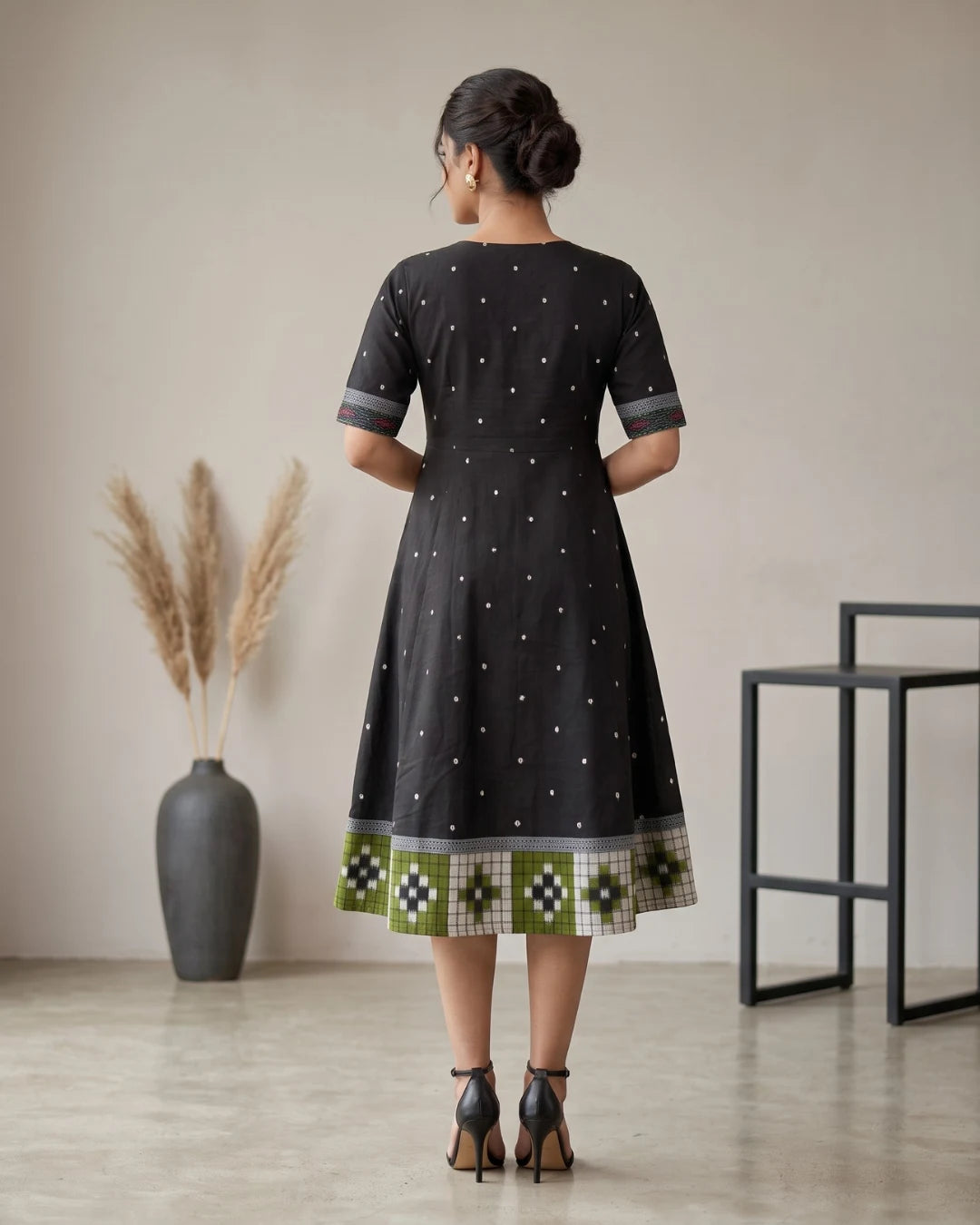 Harita Black & Olive Green Sambalpuri Handloom Dress