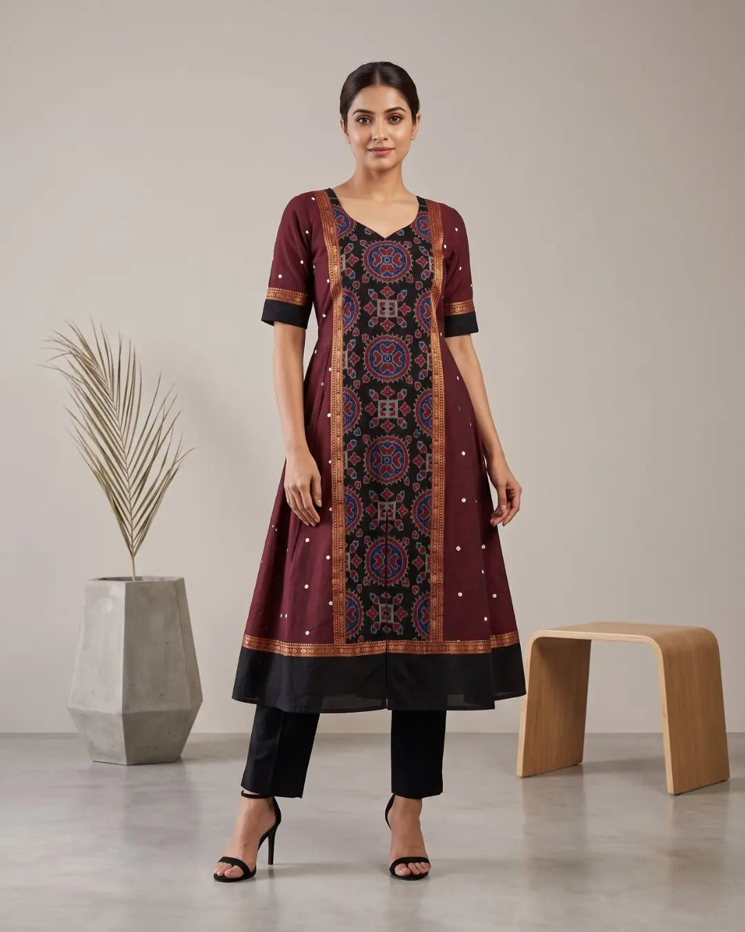 Rajeshwari Wine Maroon Sambalpuri Handloom Anarkali Dress