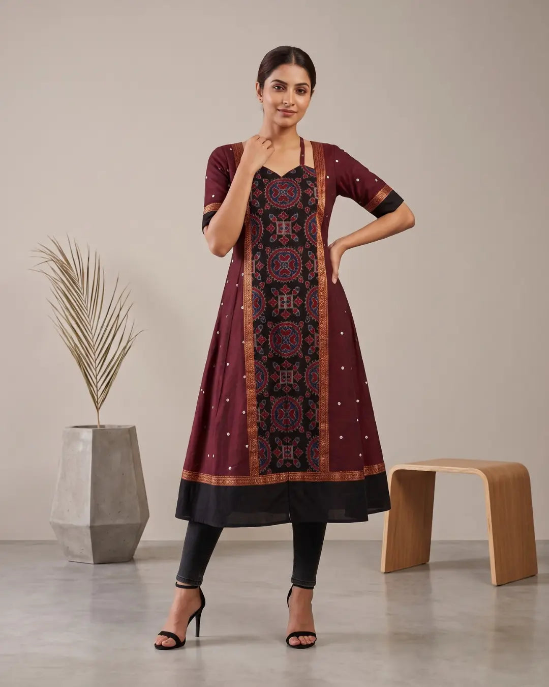 Rajeshwari Wine Maroon Sambalpuri Handloom Anarkali Dress