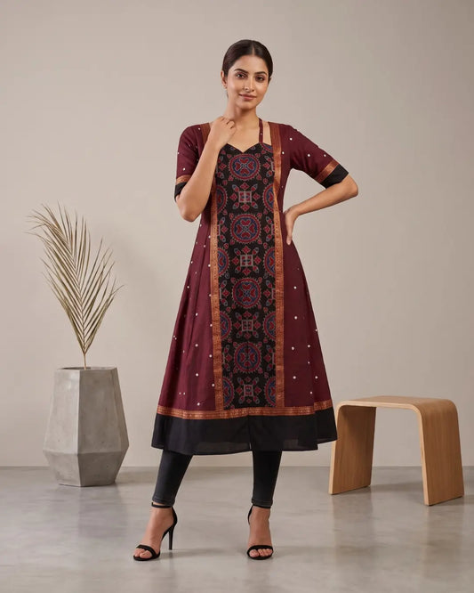 Rajeshwari Wine Maroon Sambalpuri Handloom Anarkali Dress