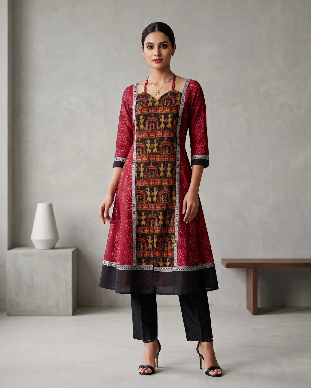 Madhavi Maroon Sambalpuri Handloom Anarkali Dress
