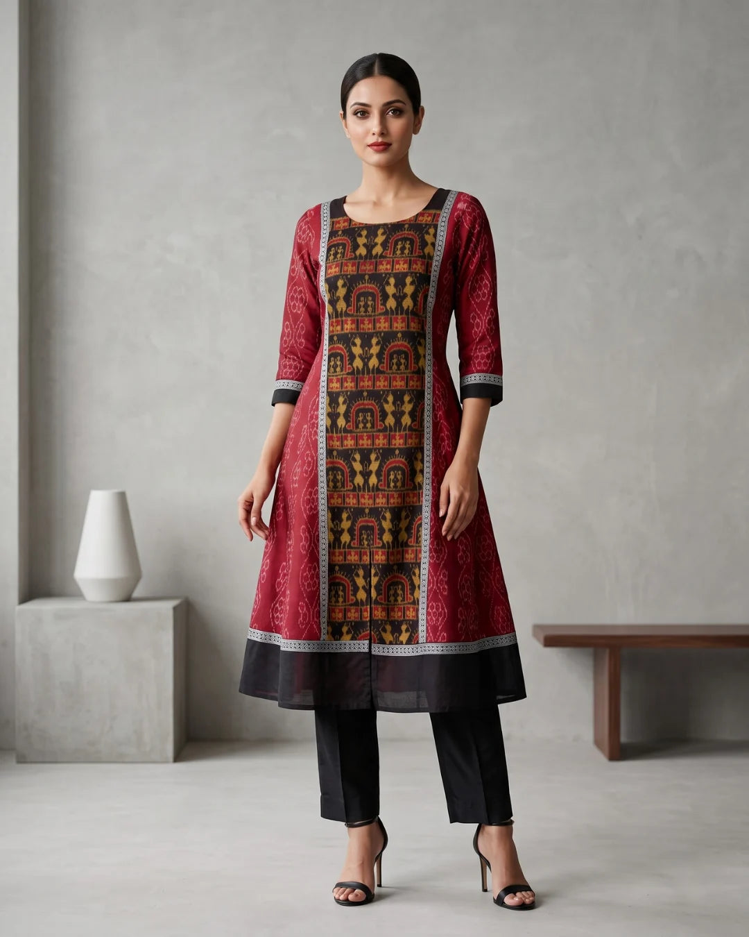 Madhavi Maroon Sambalpuri Handloom Anarkali Dress