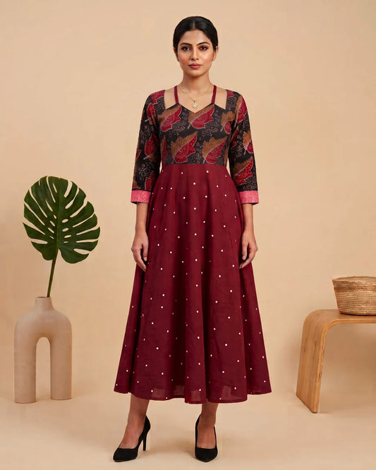 Shonima maroon Sambalpuri Handloom Anarkali Dress