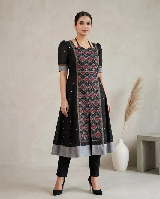 Meghaduti Black Sambalpuri Handloom Anarkali Dress