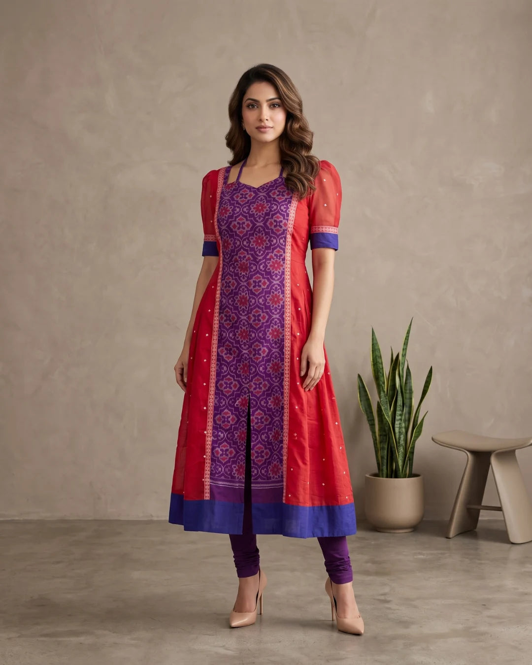 Padmaragini Coral Red & Purple Sambalpuri Handloom Anarkali Dress