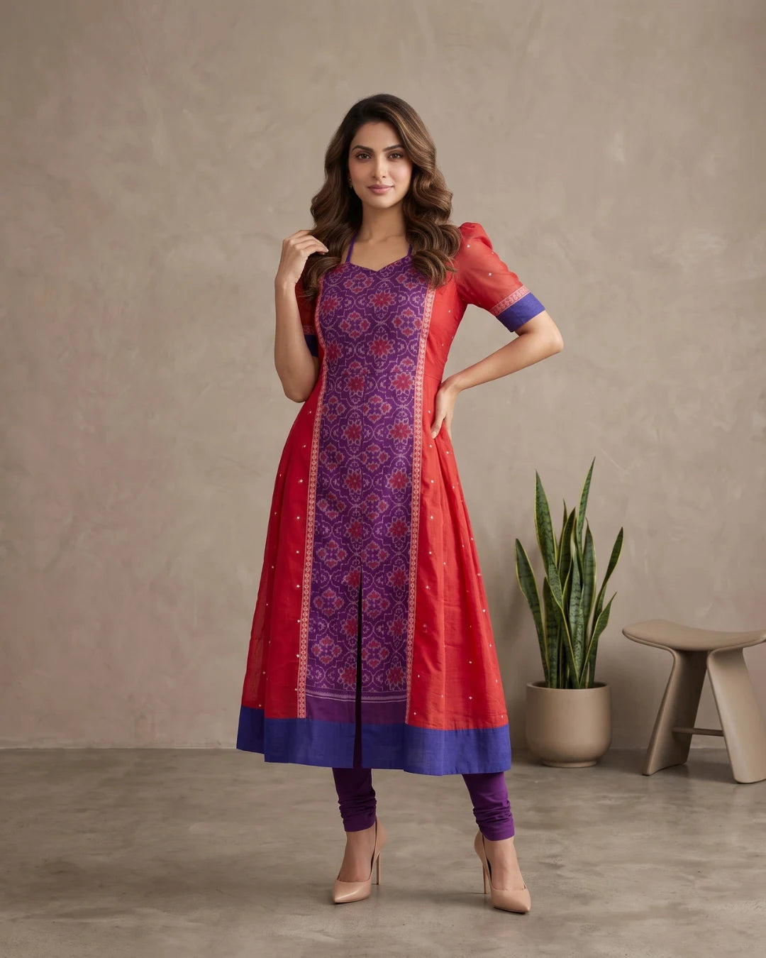 Padmaragini Coral Red & Purple Sambalpuri Handloom Anarkali Dress