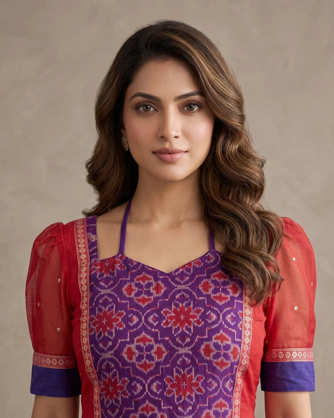 Padmaragini Coral Red & Purple Sambalpuri Handloom Anarkali Dress