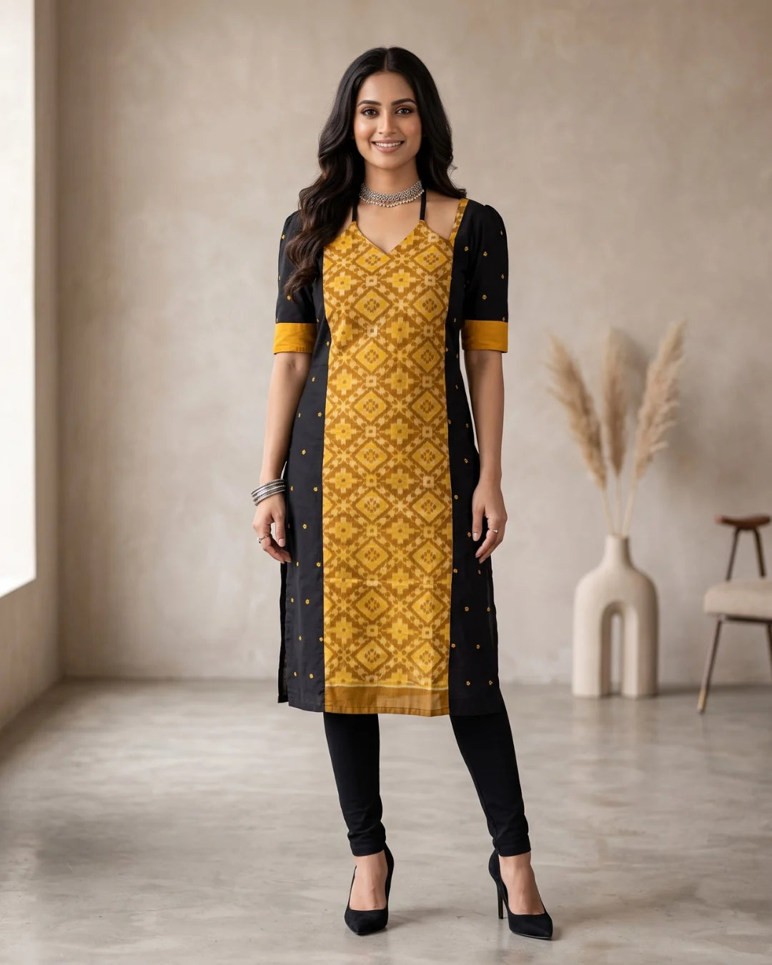 Pitambari Mustard Yellow & Black Sambalpuri Handloom Kurti