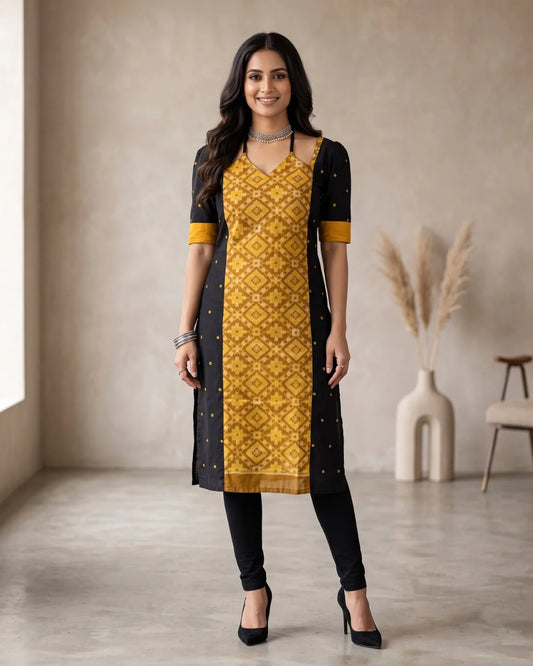 Pitambari Mustard Yellow & Black Sambalpuri Handloom Kurti