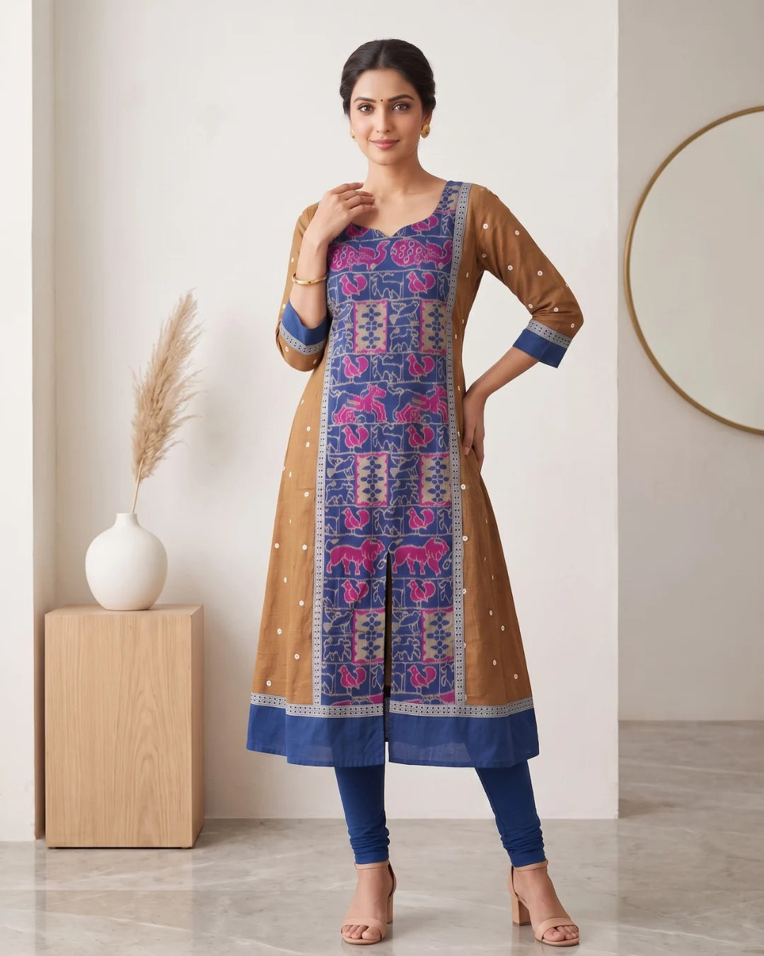 Suvarnika Mustard Gold & Royal Blue Sambalpuri Handloom Anarkali
