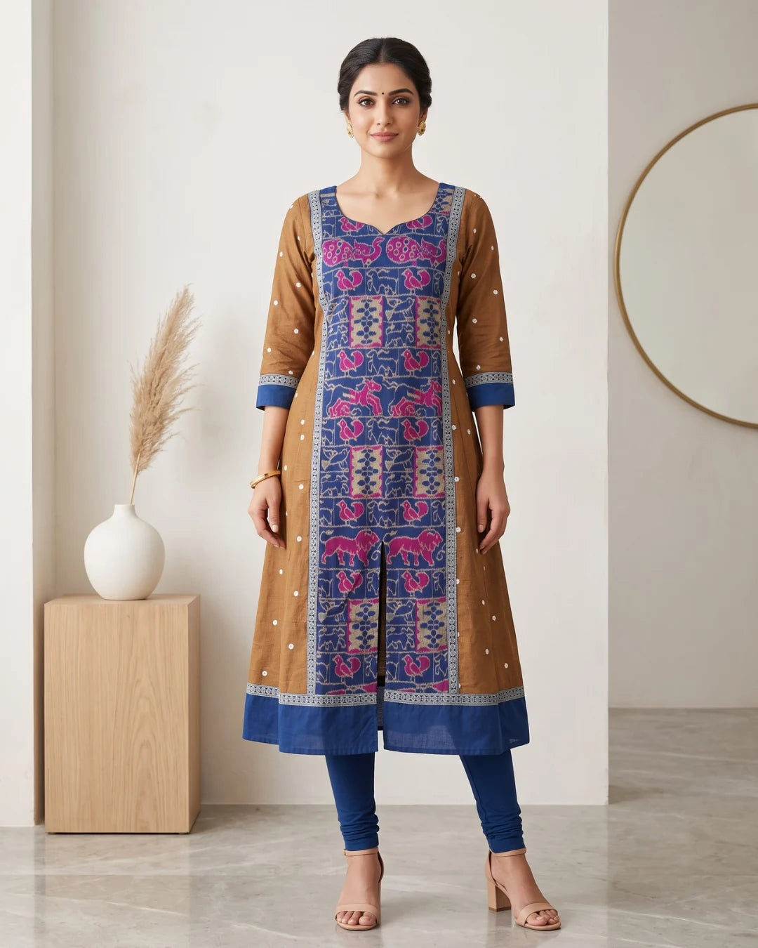 Suvarnika Mustard Gold & Royal Blue Sambalpuri Handloom Anarkali