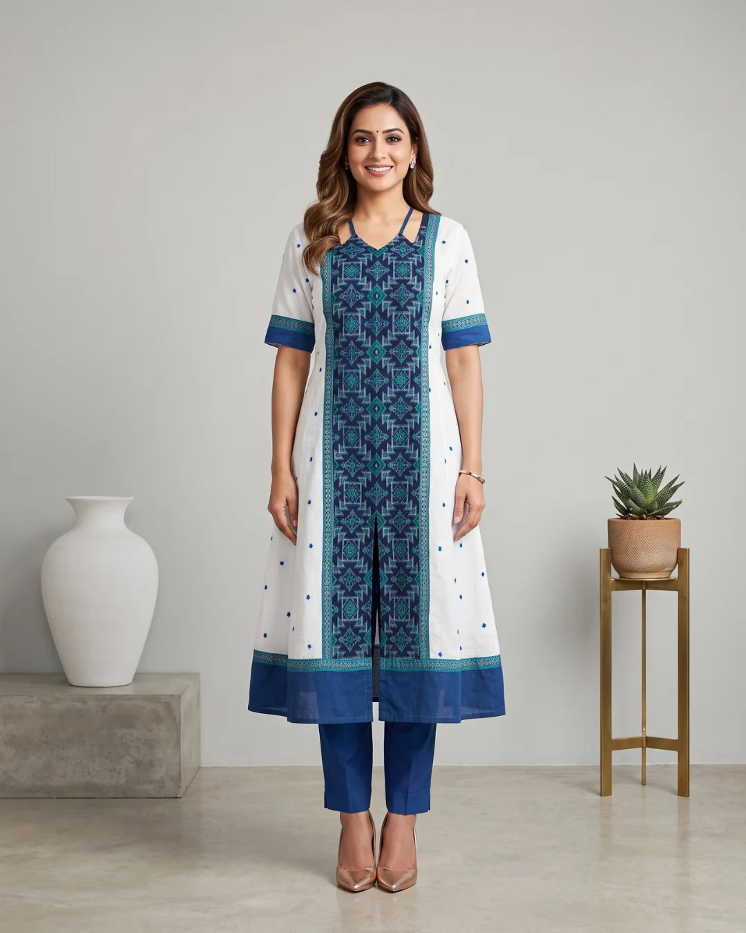 Shvetambari White & Royal Blue Sambalpuri Handloom Anarkali