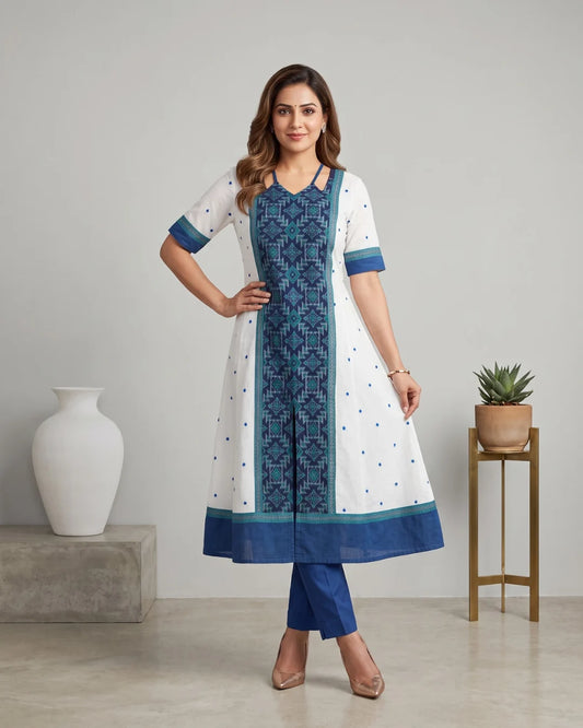 Shvetambari White & Royal Blue Sambalpuri Handloom Anarkali