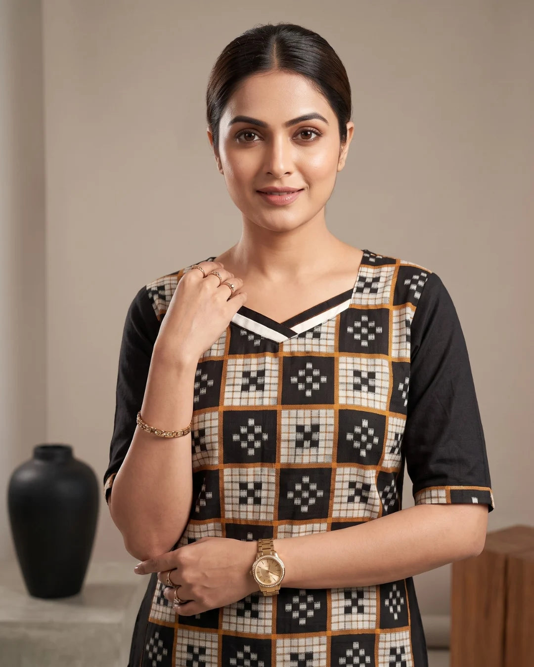 Chaturika Black & Ivory Sambalpuri Handloom Kurti
