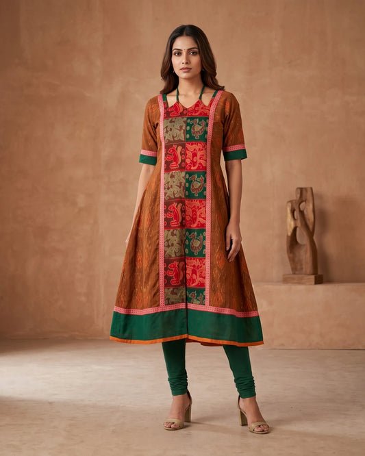 Vanarajita Brown & Green Sambalpuri Handloom Anarkali