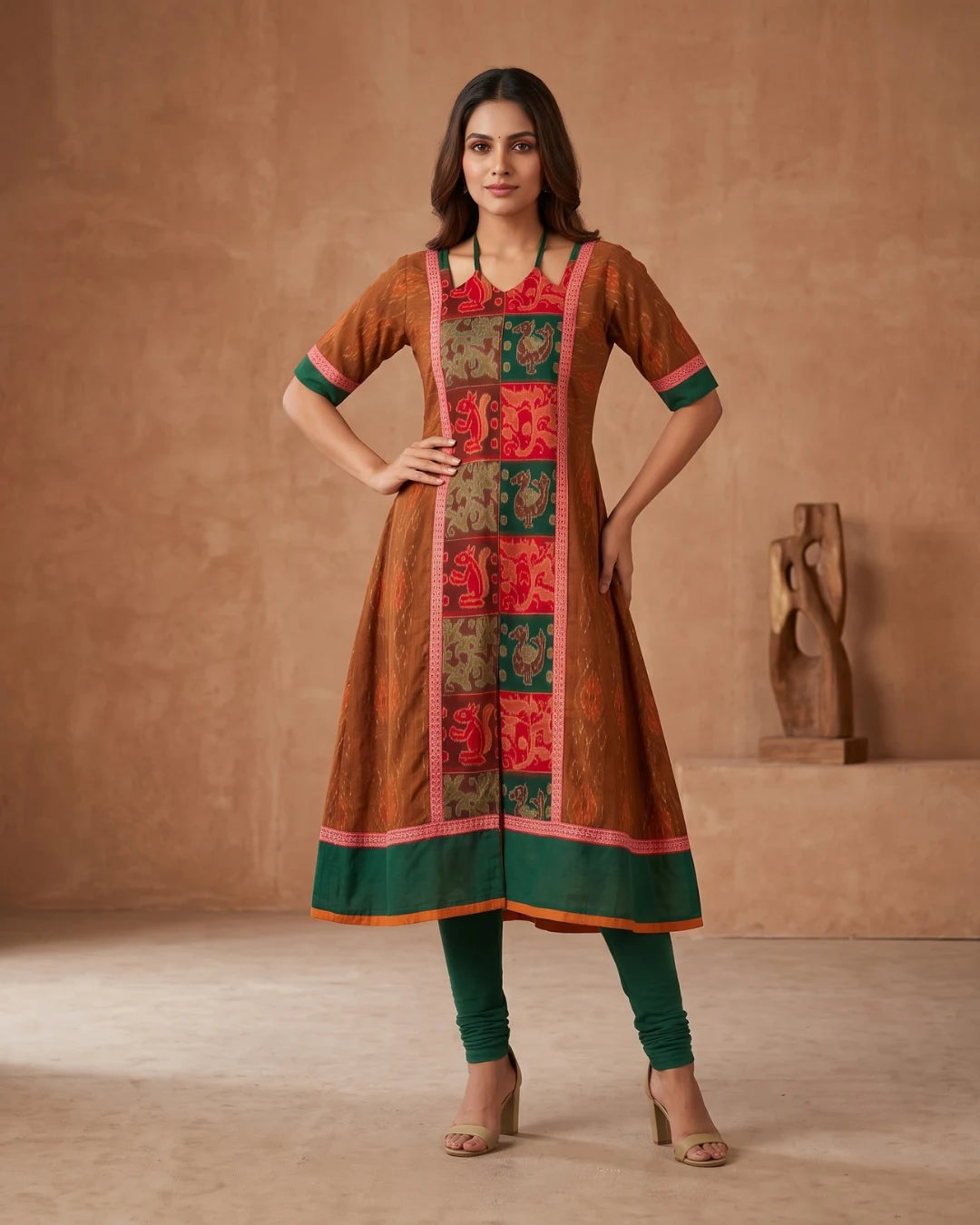 Vanarajita Brown & Green Sambalpuri Handloom Anarkali