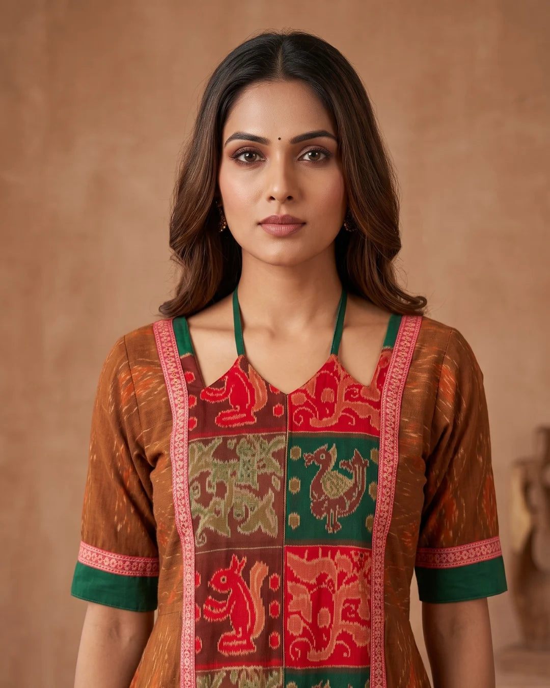 Vanarajita Brown & Green Sambalpuri Handloom Anarkali