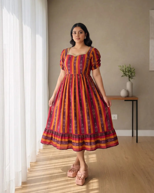 Bhairavi Maroon & Mustard Sambalpuri Handloom Midi Dress