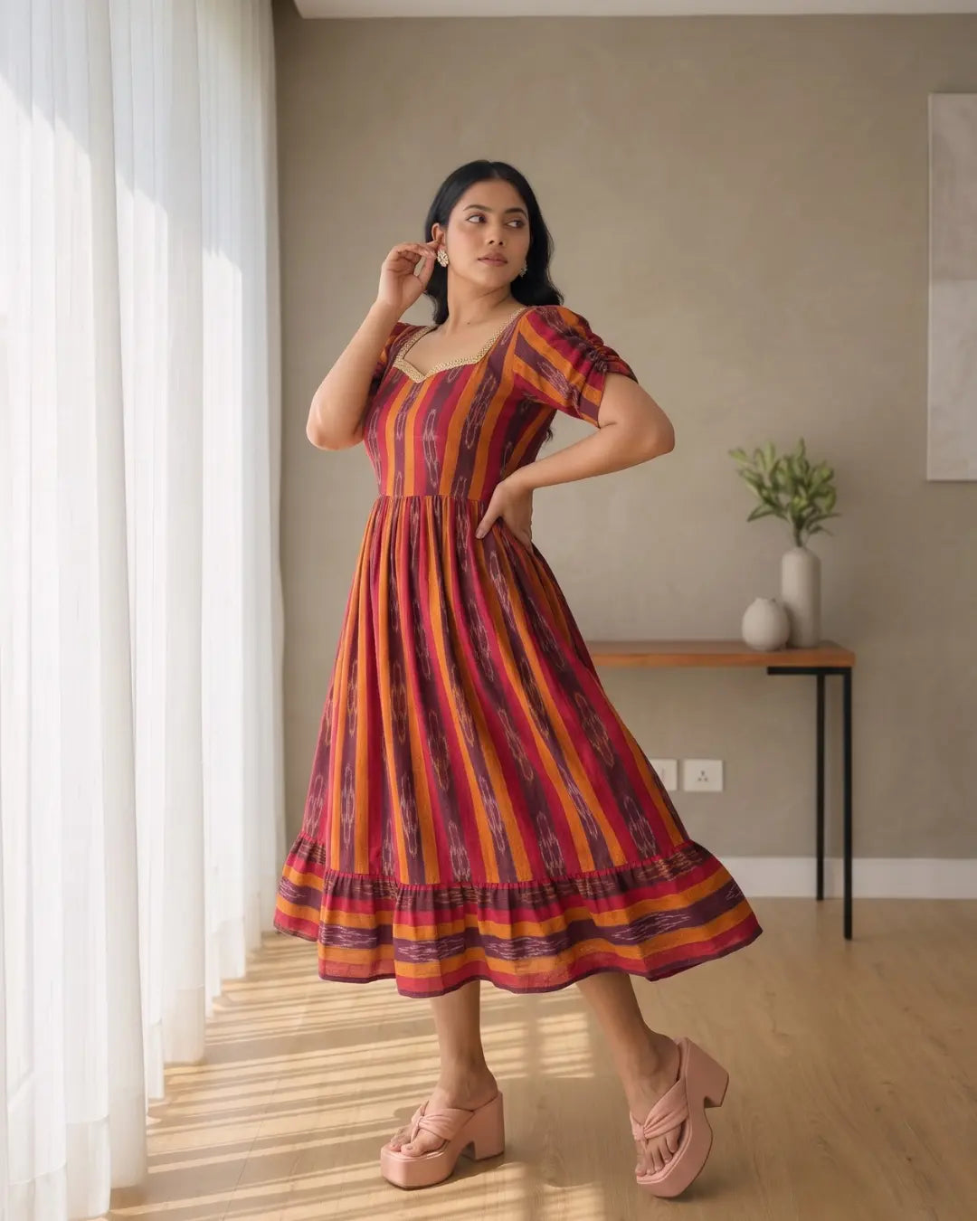 Bhairavi Maroon & Mustard Sambalpuri Handloom Midi Dress