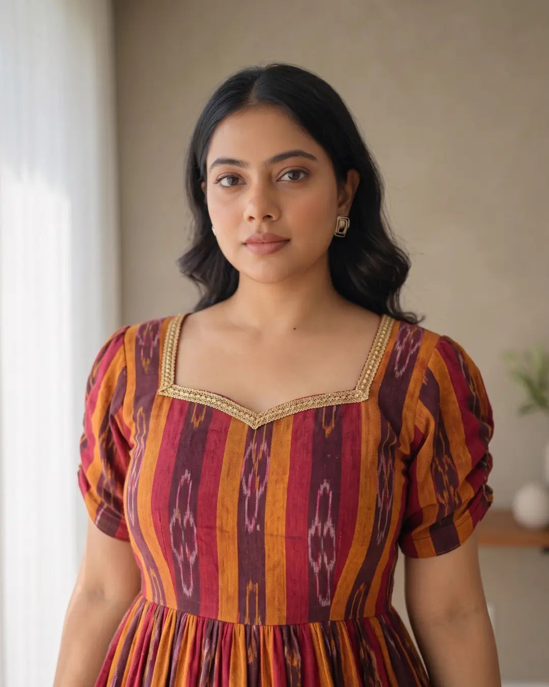 Bhairavi Maroon & Mustard Sambalpuri Handloom Midi Dress