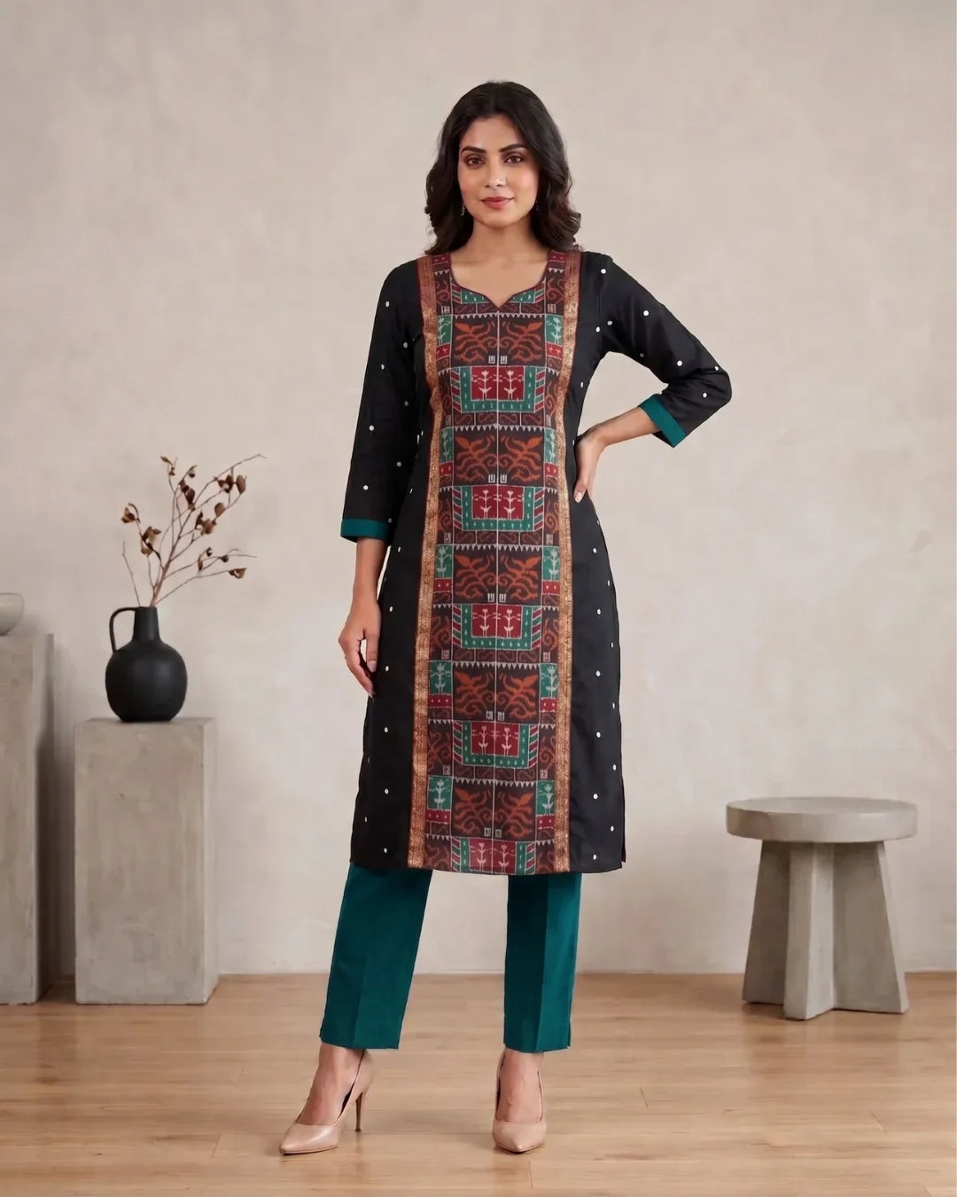 Charvi Black & Teal Sambalpuri Handloom Kurti