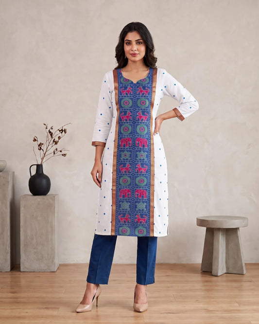 Aaradhya White & Blue Sambalpuri Handloom Kurti
