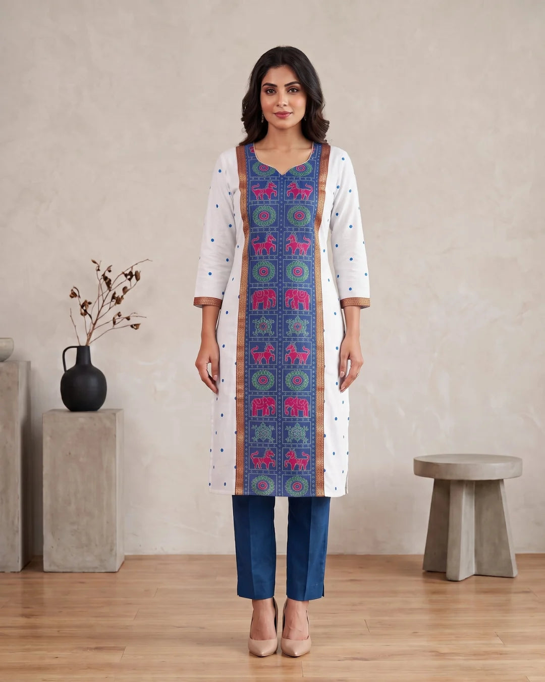 Aaradhya White & Blue Sambalpuri Handloom Kurti