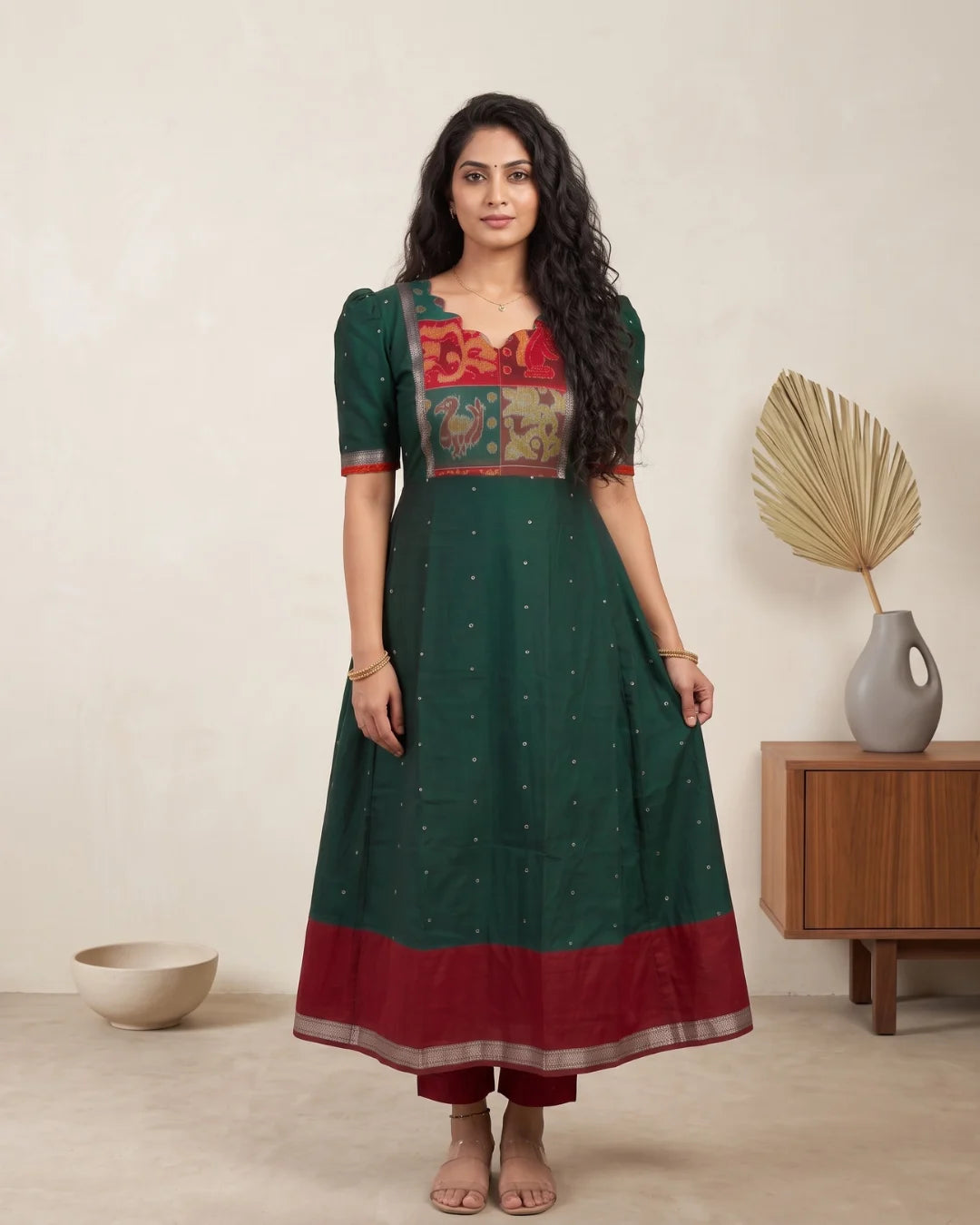 Anvika Green & Maroon Sambalpuri Handloom Anarkali