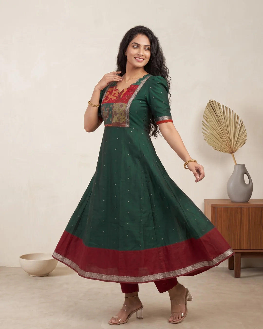 Anvika Green & Maroon Sambalpuri Handloom Anarkali