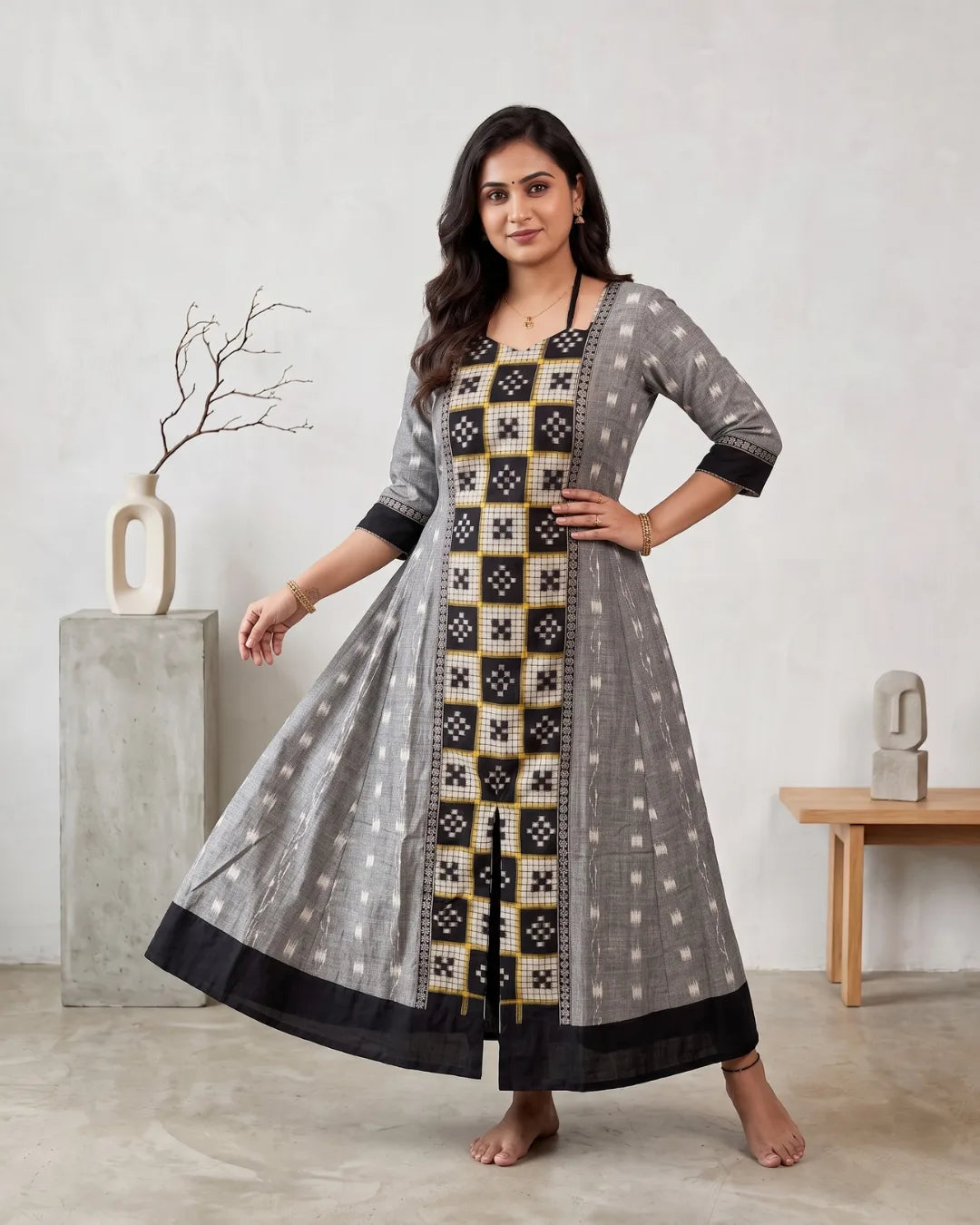 Charvi Grey & Black Sambalpuri Handloom Anarkali