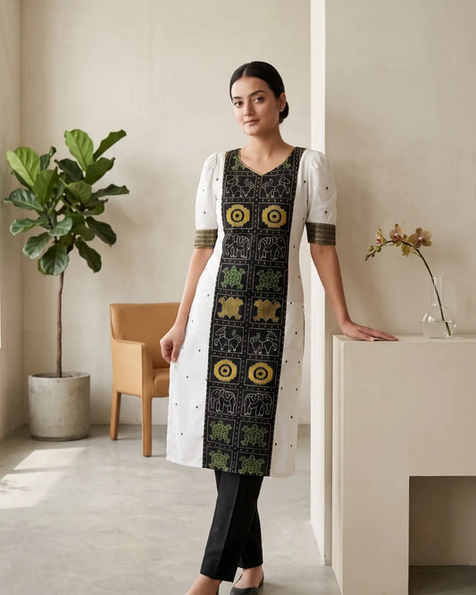 Aarohi White & Black Sambalpuri Handloom Kurti
