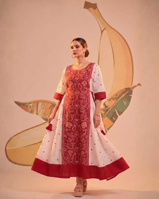 Avika White & Red Sambalpuri Handloom Anarkali