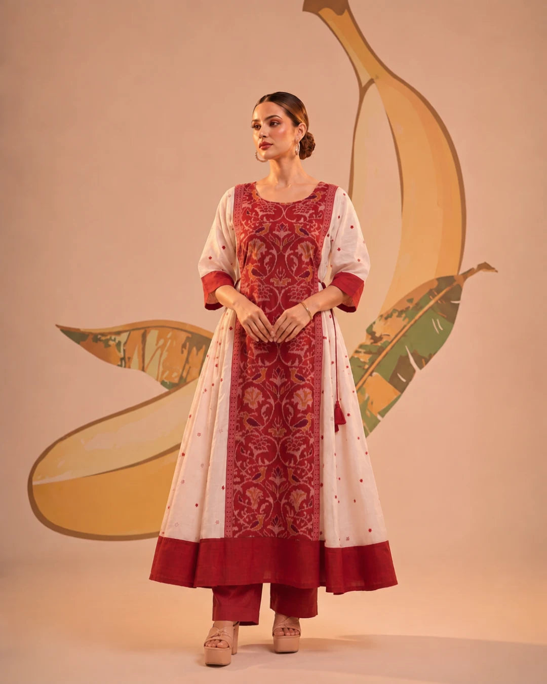 Avika White & Red Sambalpuri Handloom Anarkali