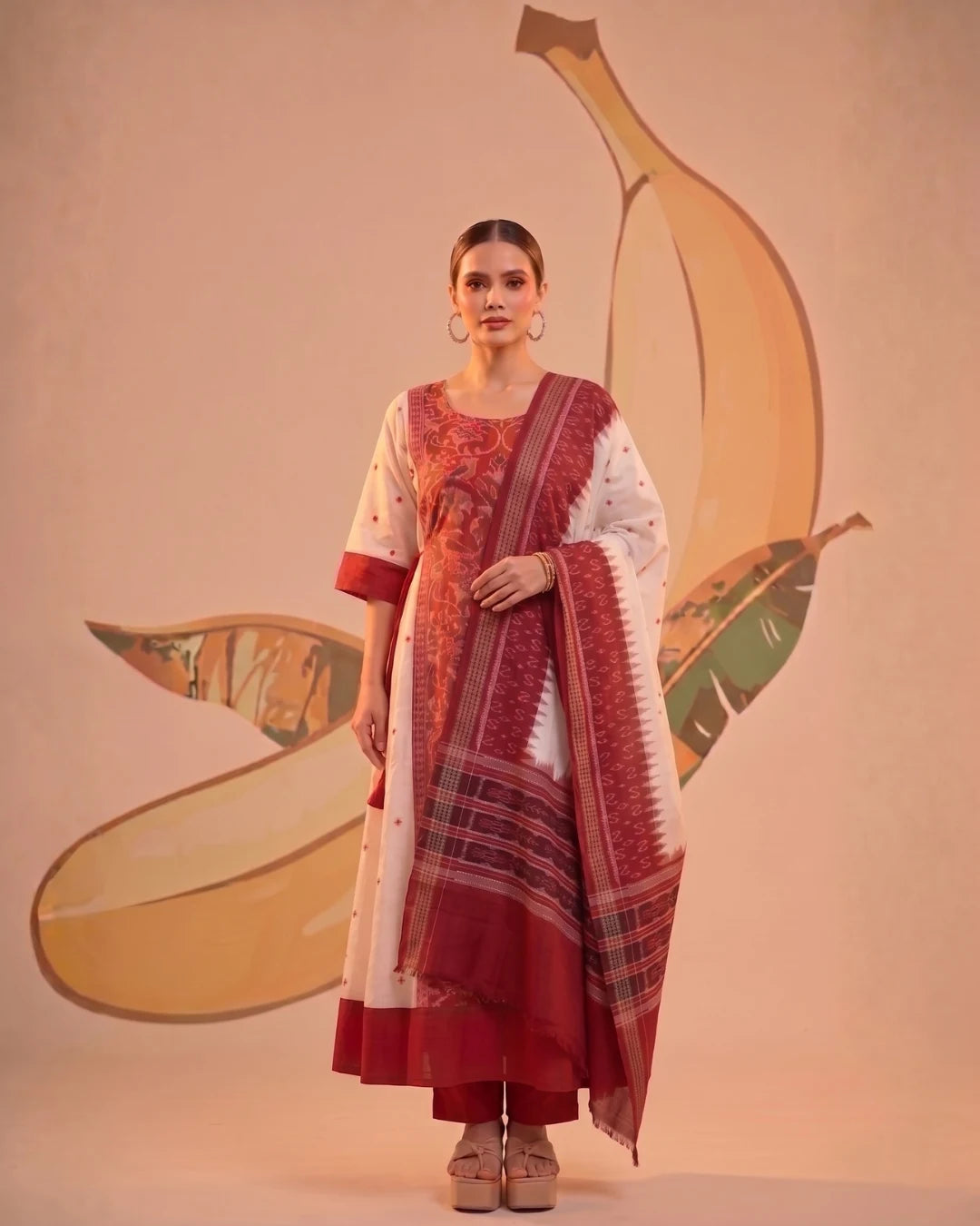 Avika White & Red Sambalpuri Handloom Anarkali