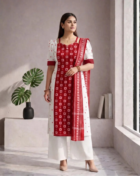 Arunika Red & White Sambalpuri Handloom Kurti