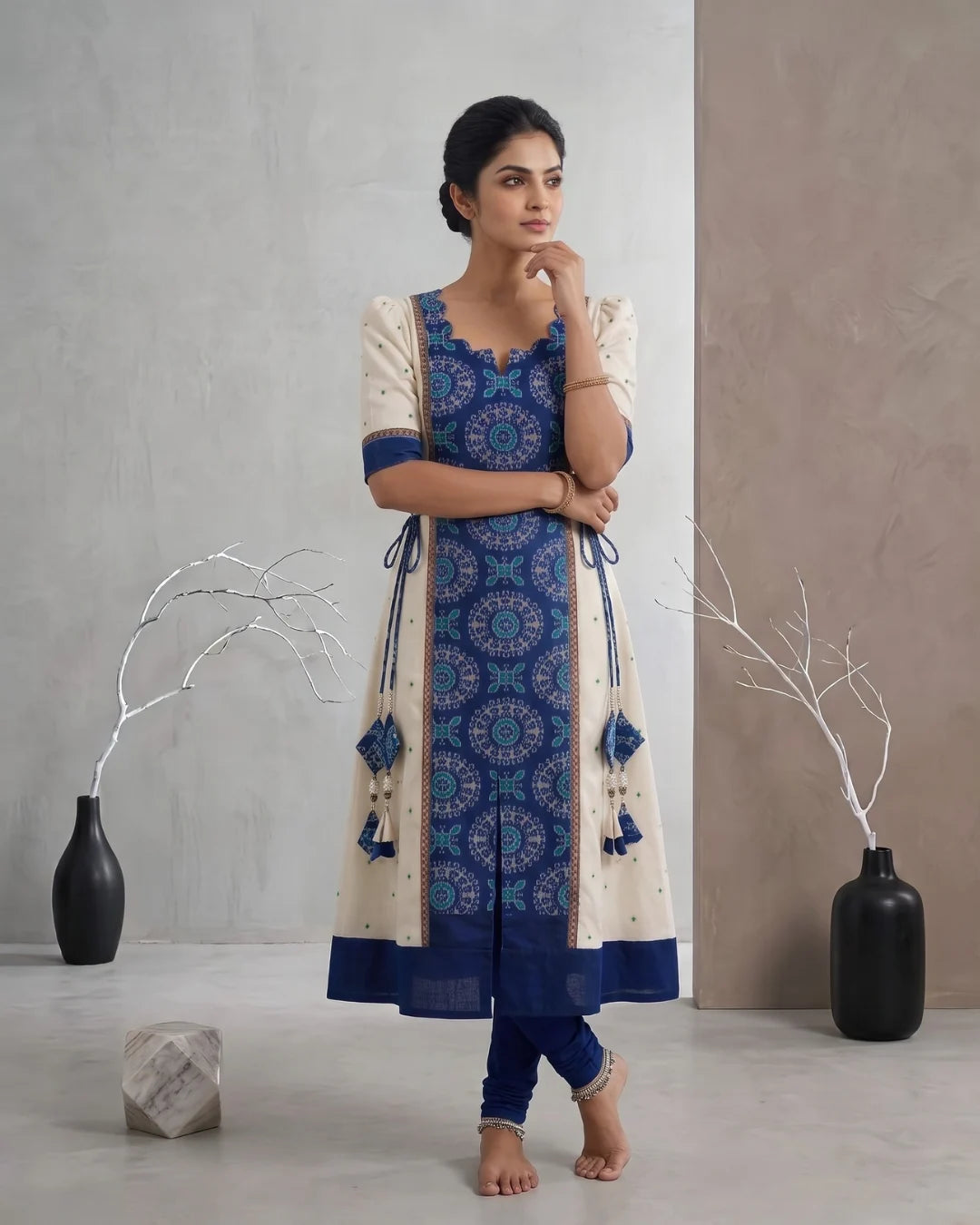 Neelambari Blue & White Sambalpuri Handloom Anarkali