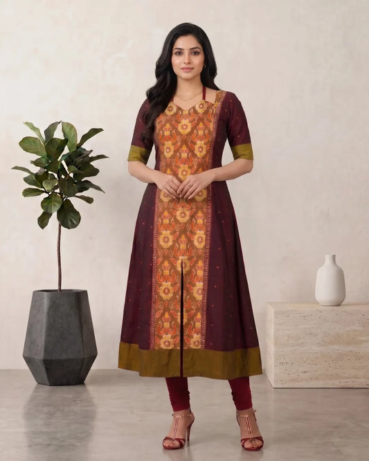 Aranyani Maroon & Mustard Sambalpuri Handloom Anarkali