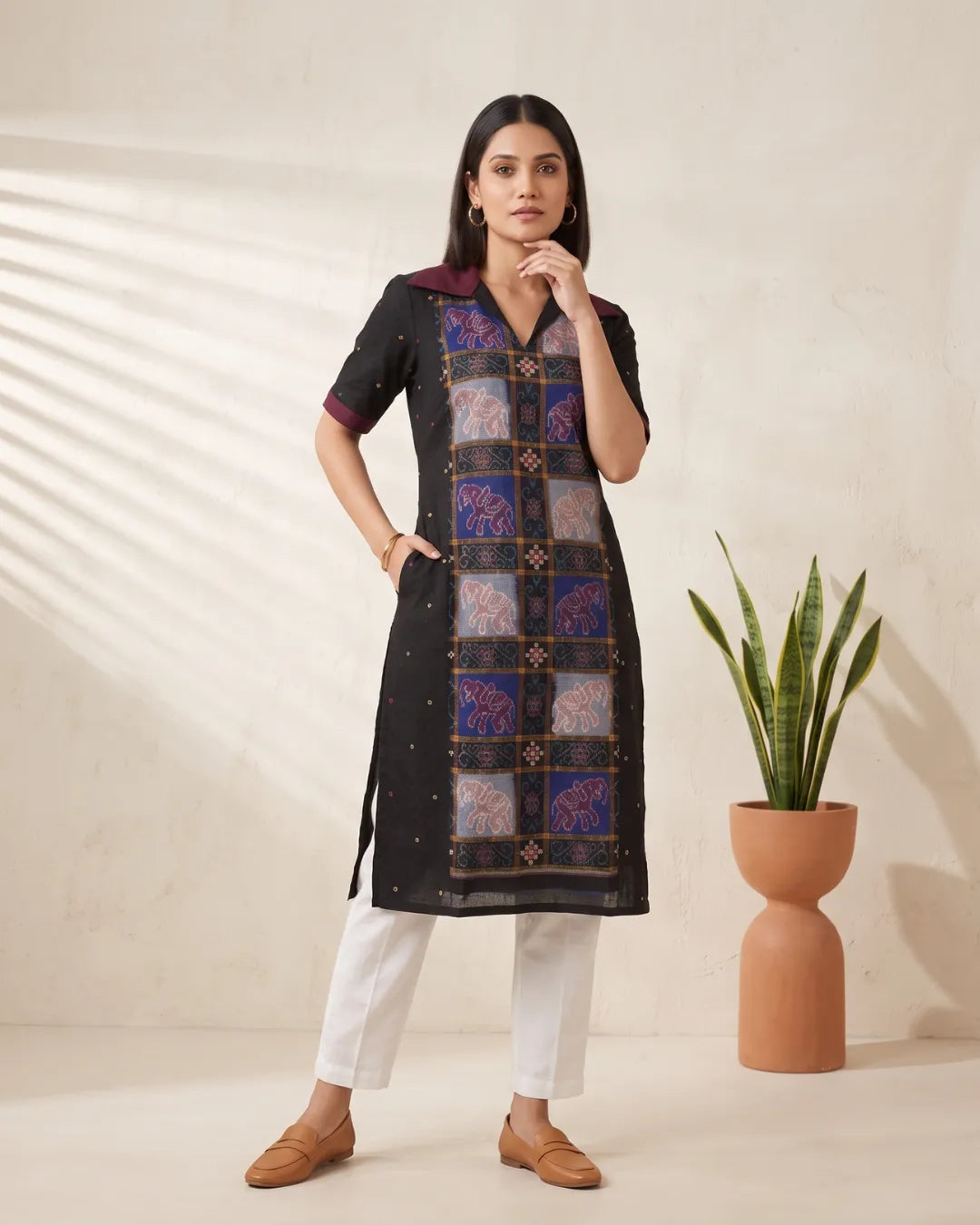 Gaja Black & Maroon Sambalpuri Handloom Kurti